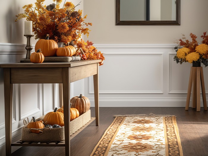 Orange flowers and pumpkins in an entryway.